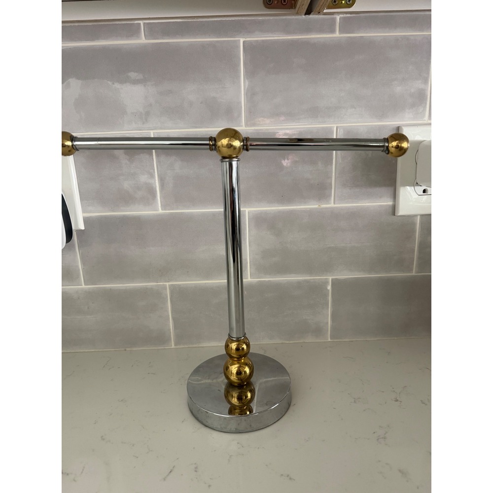Vintage Chrome and Gold Ball T-Bar Jewelry Stand Necklace Organizer Display